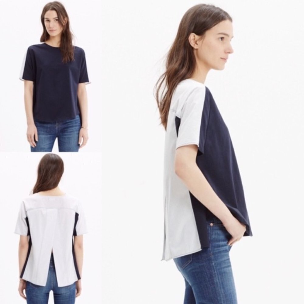 MADEWELL Oxford Panel Tee Blue Striped Short Sleeve T-shirt in a size XS